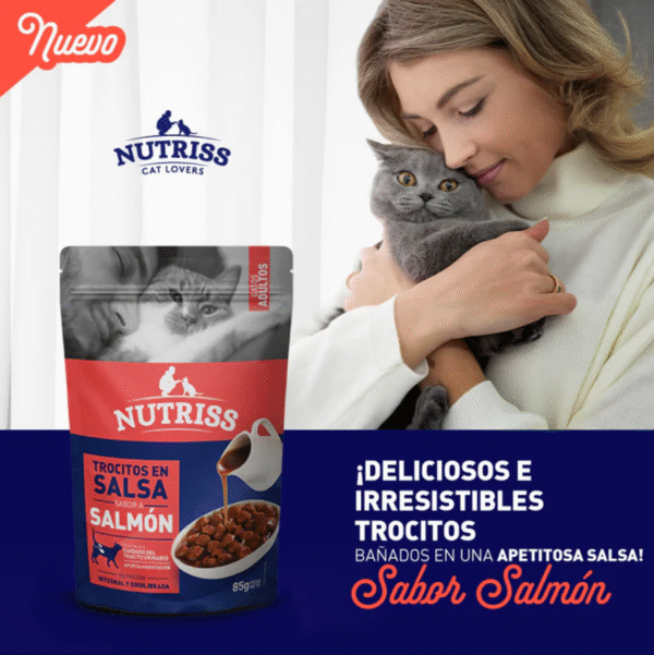 Nutriss Gatos Trocitos en Salsa sabor a Salmón 85g | Alimento Húmedo para Gatos Adultos – Digestión Saludable, Energía e Hidratación - Imagen 3